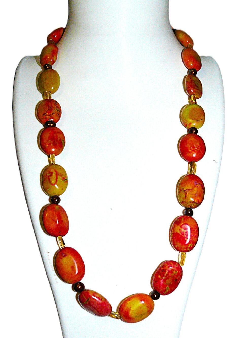 Handmade Yellow Red Stone Bead Necklace Copper Floral Toggle Clasp 20 Inches SEE